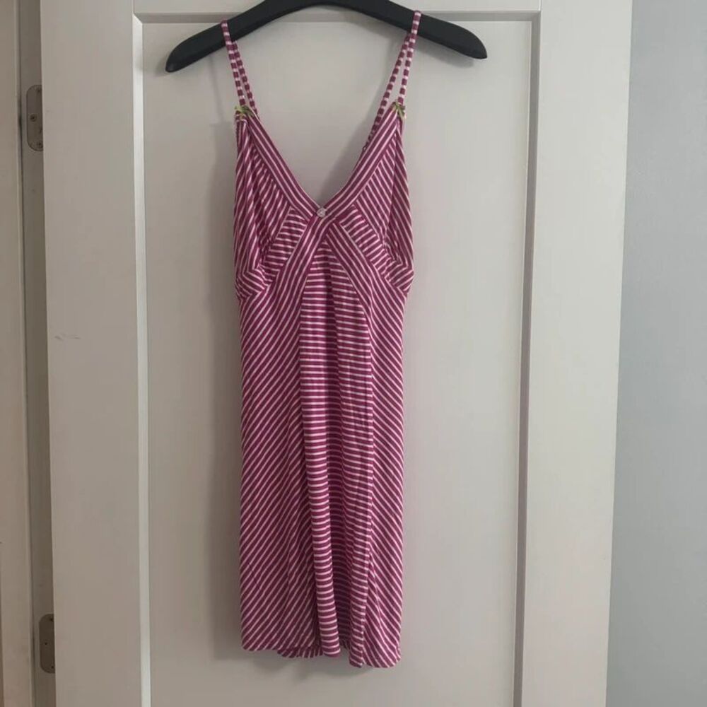 Betsey Johnson Intimates Pink White Striped Slip Dress Medium Rayon Spandex Y2K